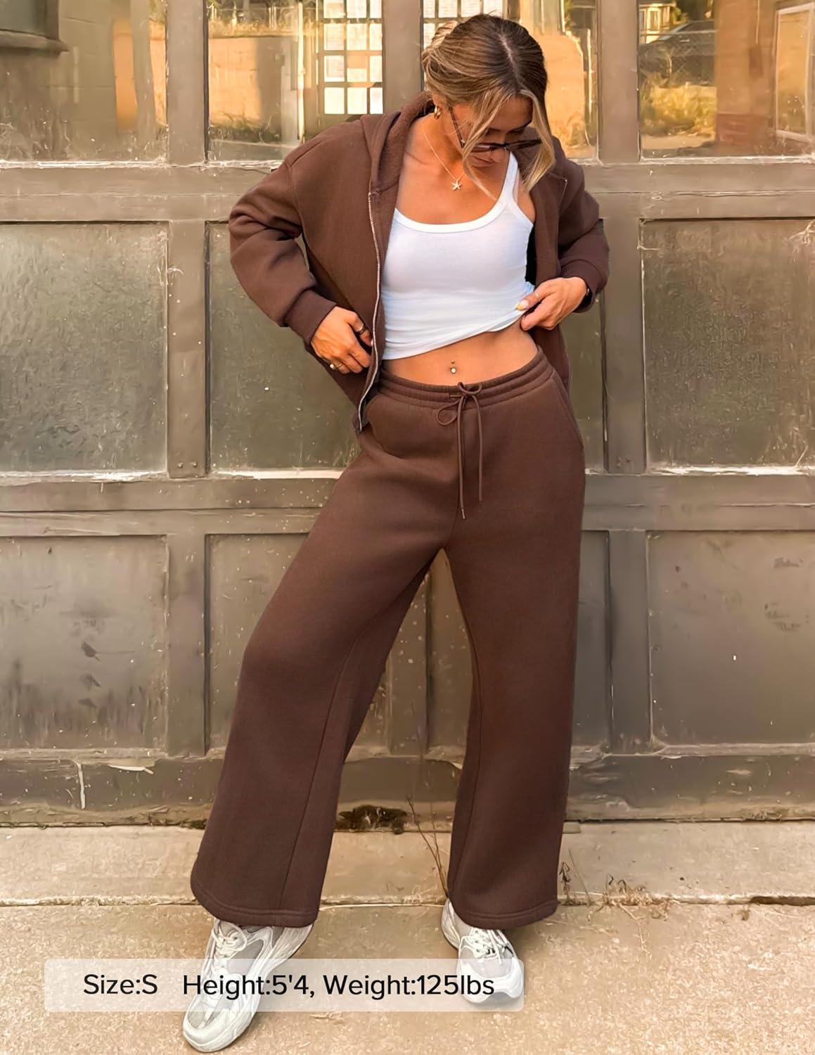 imageZESICA Womens 2 Piece Outfits 2026 Fall Winter Fleece Hoodie Tracksuit Zip Up Sweatshirt Long Sweatpant Matching SetBrown