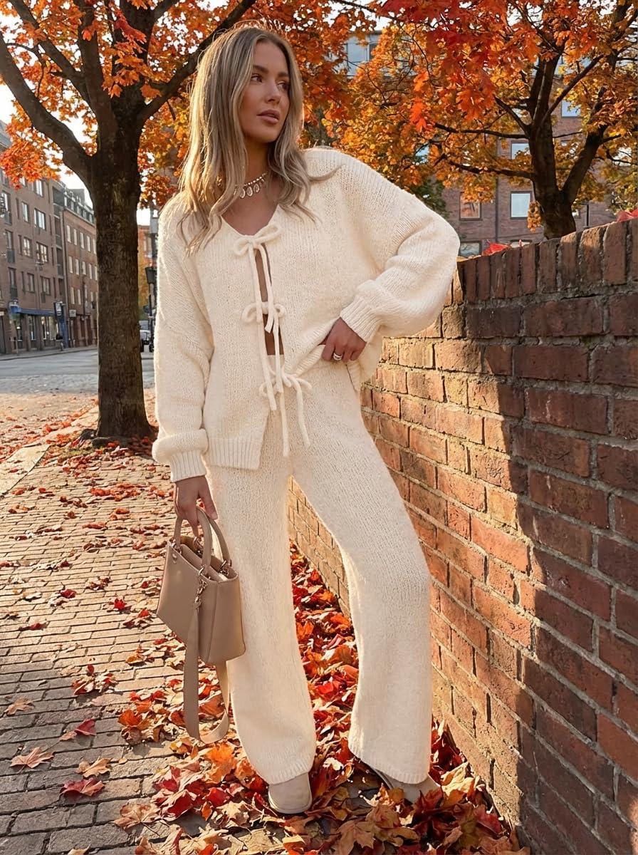 imageZESICA Womens 2 Piece Outfits Lounge Pajama Sets 2026 Fall Long Sleeve Cardigans Wide Leg Pants Matching Winter ClothesApricot