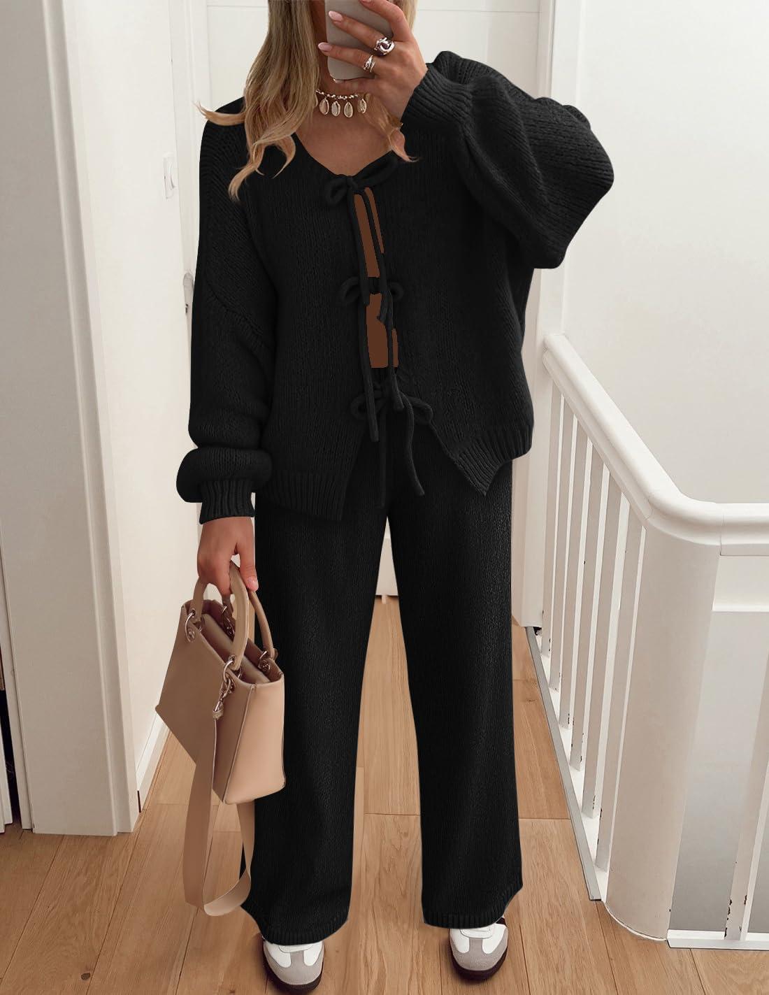 imageZESICA Womens 2 Piece Outfits Lounge Pajama Sets 2026 Fall Long Sleeve Cardigans Wide Leg Pants Matching Winter ClothesBlack