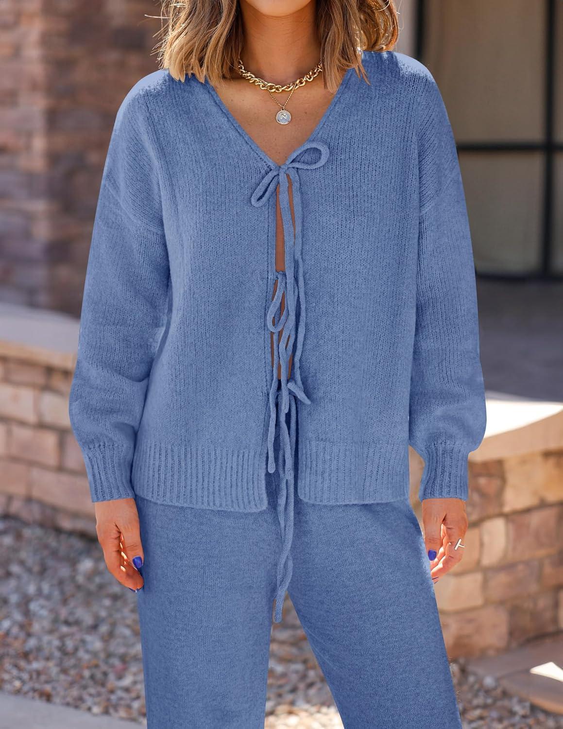 imageZESICA Womens 2 Piece Outfits Lounge Pajama Sets 2026 Fall Long Sleeve Cardigans Wide Leg Pants Matching Winter ClothesBlue
