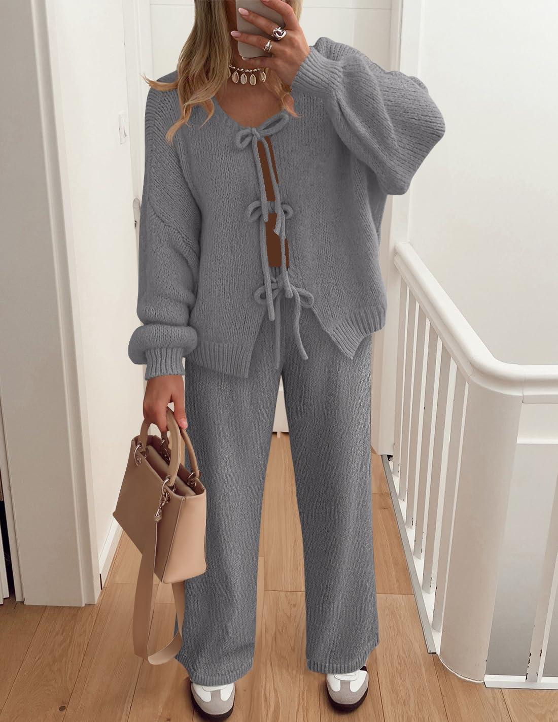 imageZESICA Womens 2 Piece Outfits Lounge Pajama Sets 2026 Fall Long Sleeve Cardigans Wide Leg Pants Matching Winter ClothesGray
