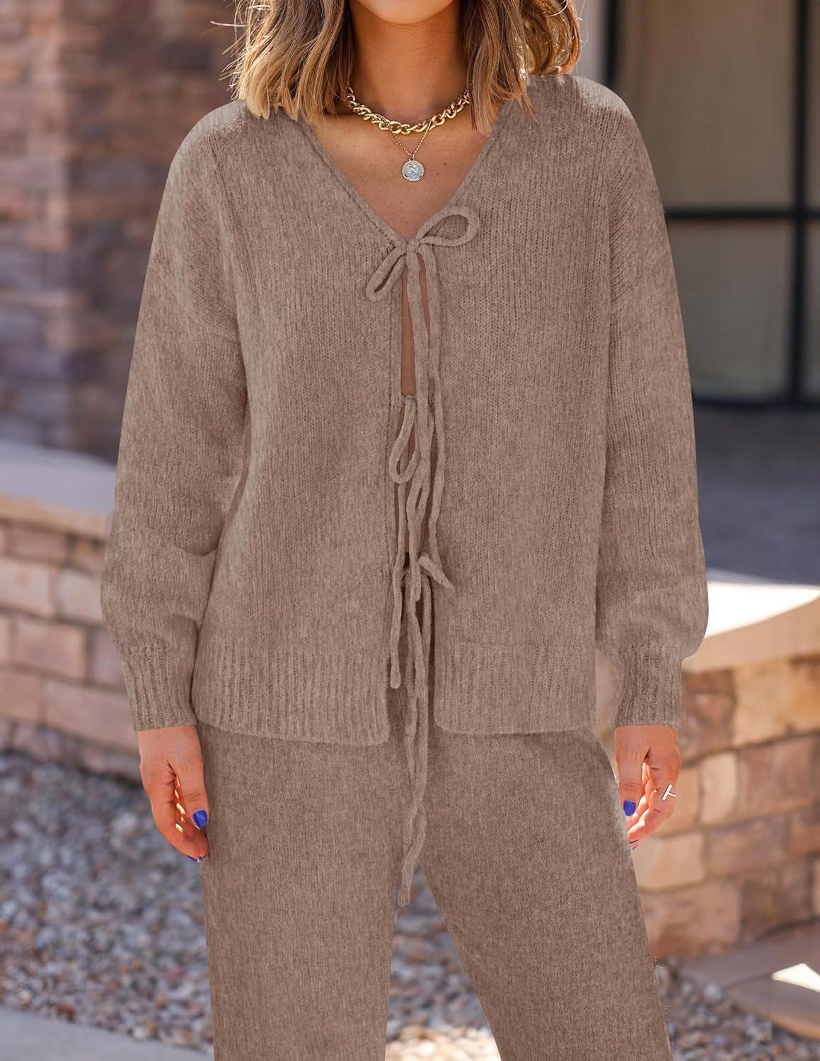 imageZESICA Womens 2 Piece Outfits Lounge Pajama Sets 2026 Fall Long Sleeve Cardigans Wide Leg Pants Matching Winter ClothesKhaki