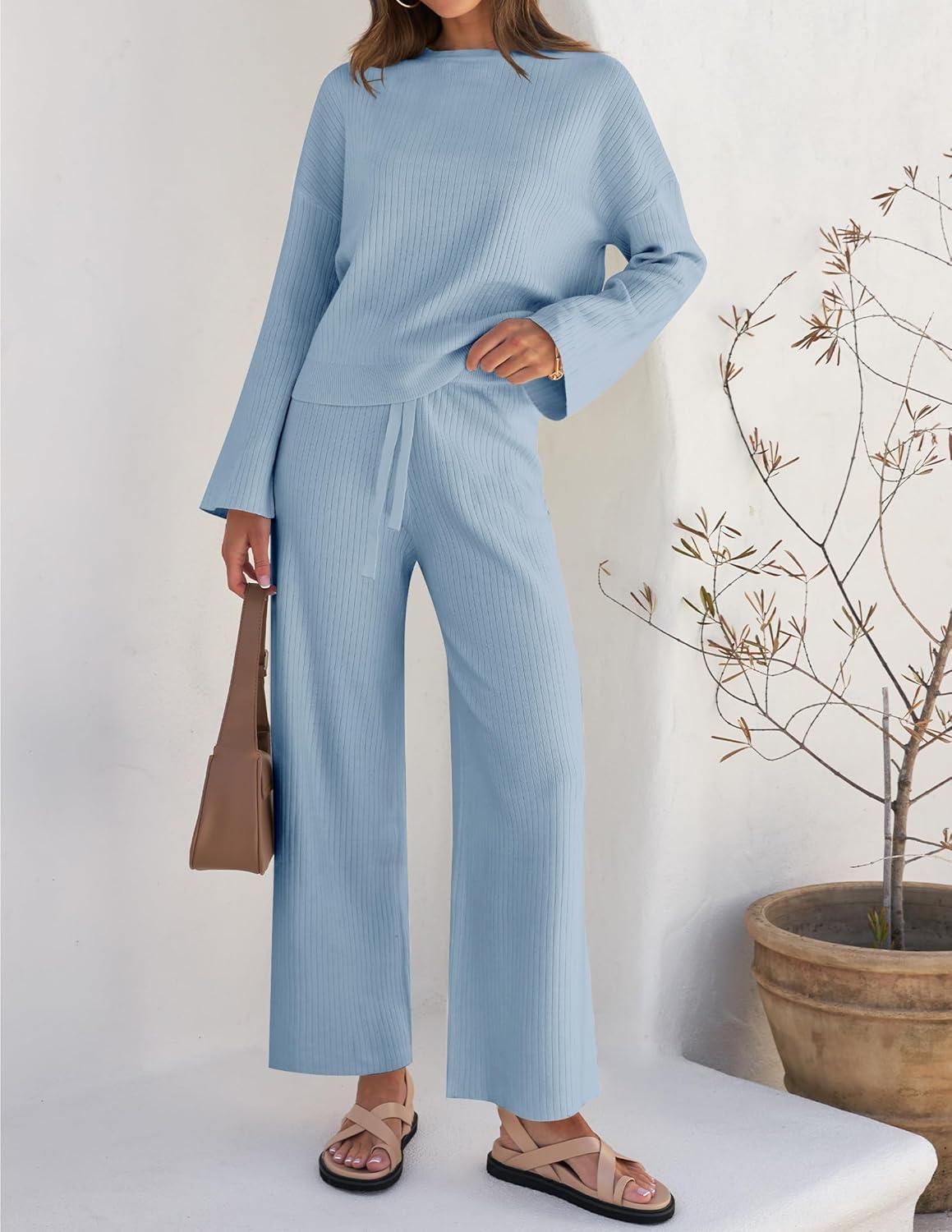 imageZESICA Womens 2 Piece Outfits Set 2026 Casual Long Sleeve Knit Pullover Top and Wide Leg Pants Sweatsuit Lounge SetsBlue