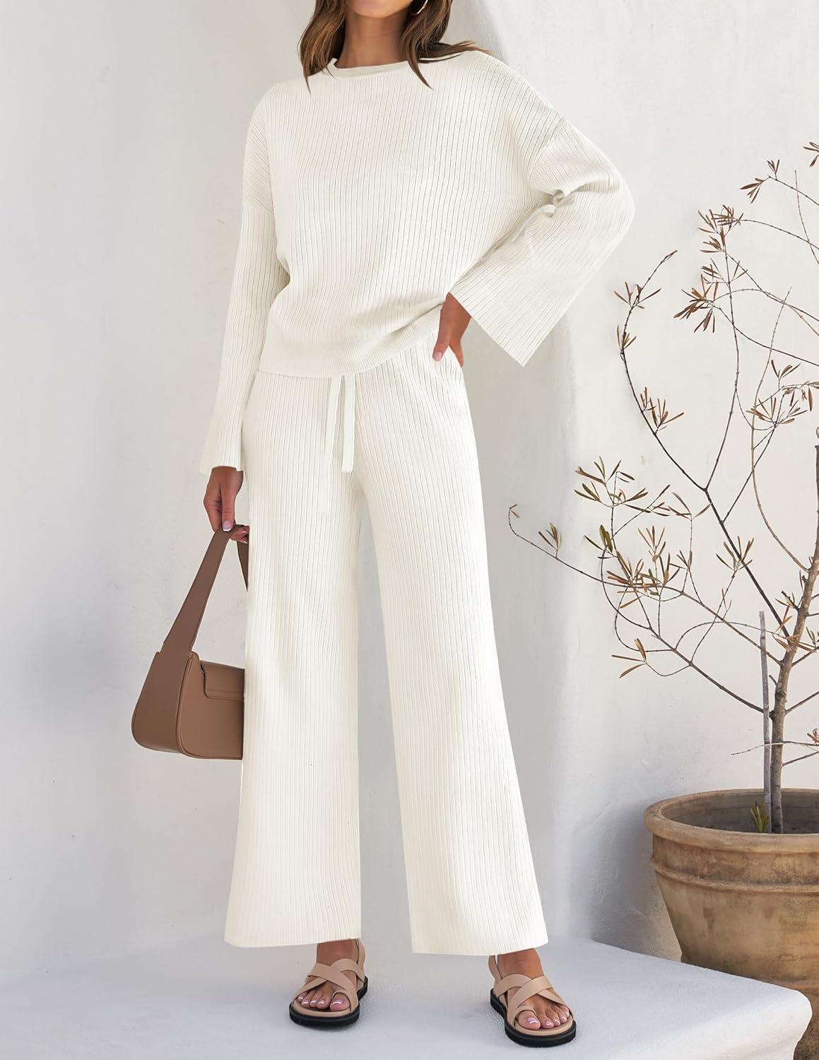 imageZESICA Womens 2 Piece Outfits Set 2026 Casual Long Sleeve Knit Pullover Top and Wide Leg Pants Sweatsuit Lounge SetsCream