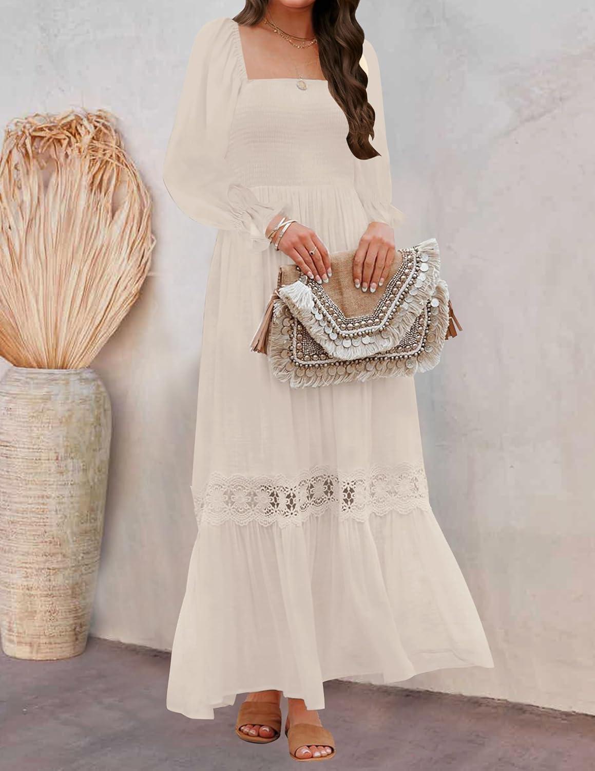 imageZESICA Womens 2026 Boho Long Sleeve Square Neck Smocked High Waist Flowy A Line Lace Trim Maxi DressApricot
