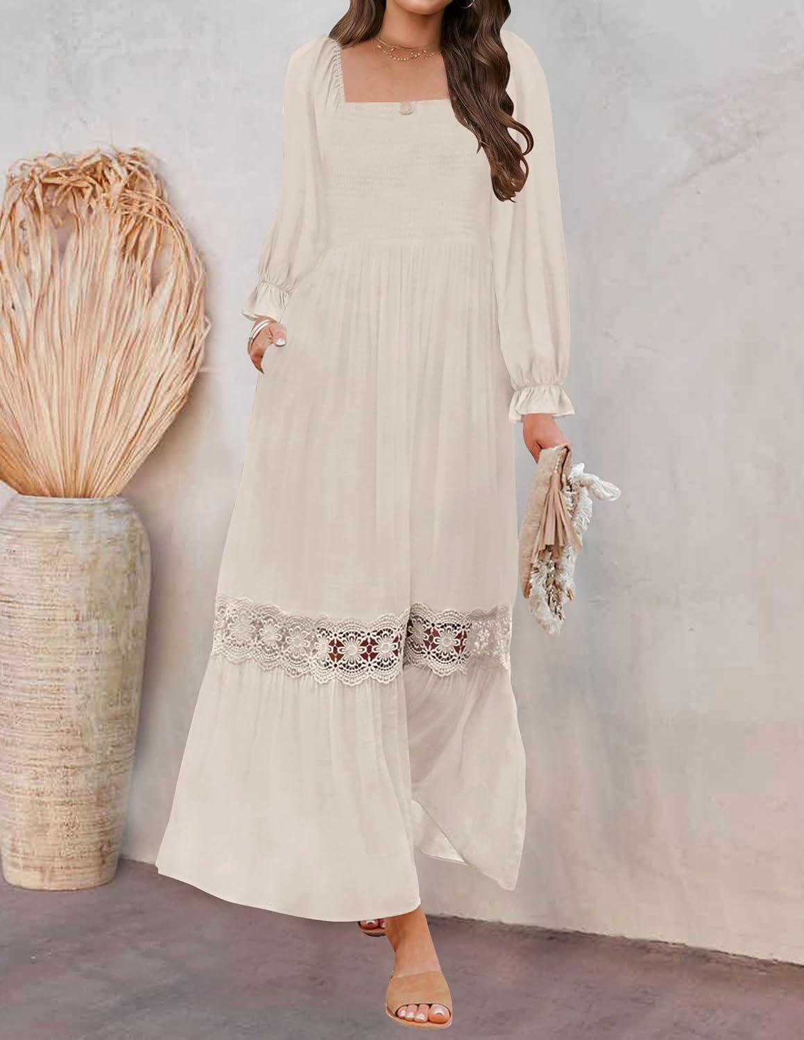 imageZESICA Womens 2026 Boho Long Sleeve Square Neck Smocked High Waist Flowy A Line Lace Trim Maxi DressApricot