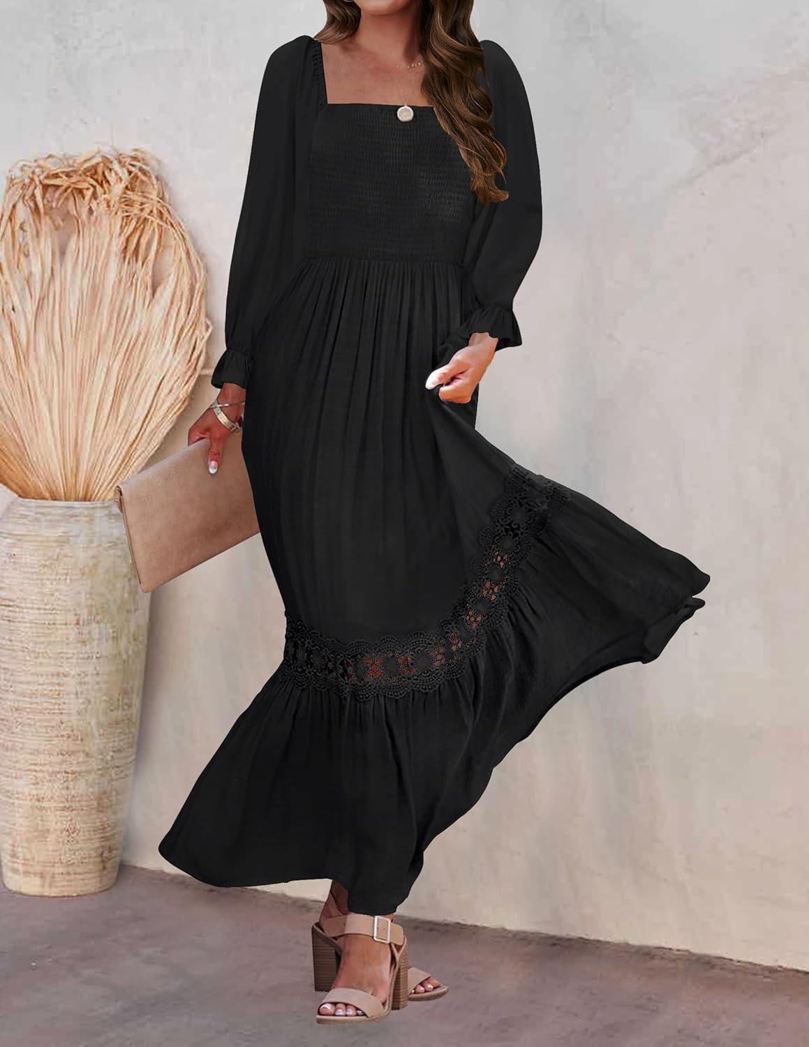 imageZESICA Womens 2026 Boho Long Sleeve Square Neck Smocked High Waist Flowy A Line Lace Trim Maxi DressBlack