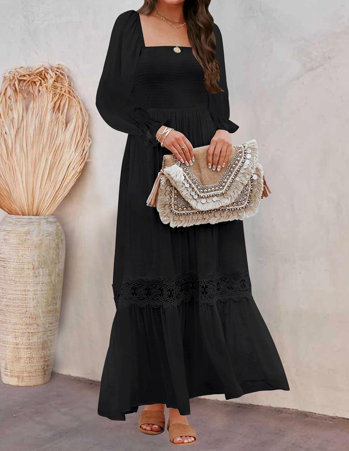 imageZESICA Womens 2026 Boho Long Sleeve Square Neck Smocked High Waist Flowy A Line Lace Trim Maxi DressBlack