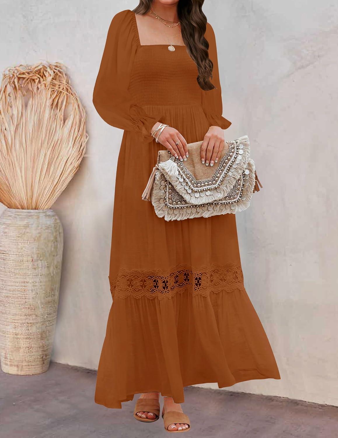 imageZESICA Womens 2026 Boho Long Sleeve Square Neck Smocked High Waist Flowy A Line Lace Trim Maxi DressBrown