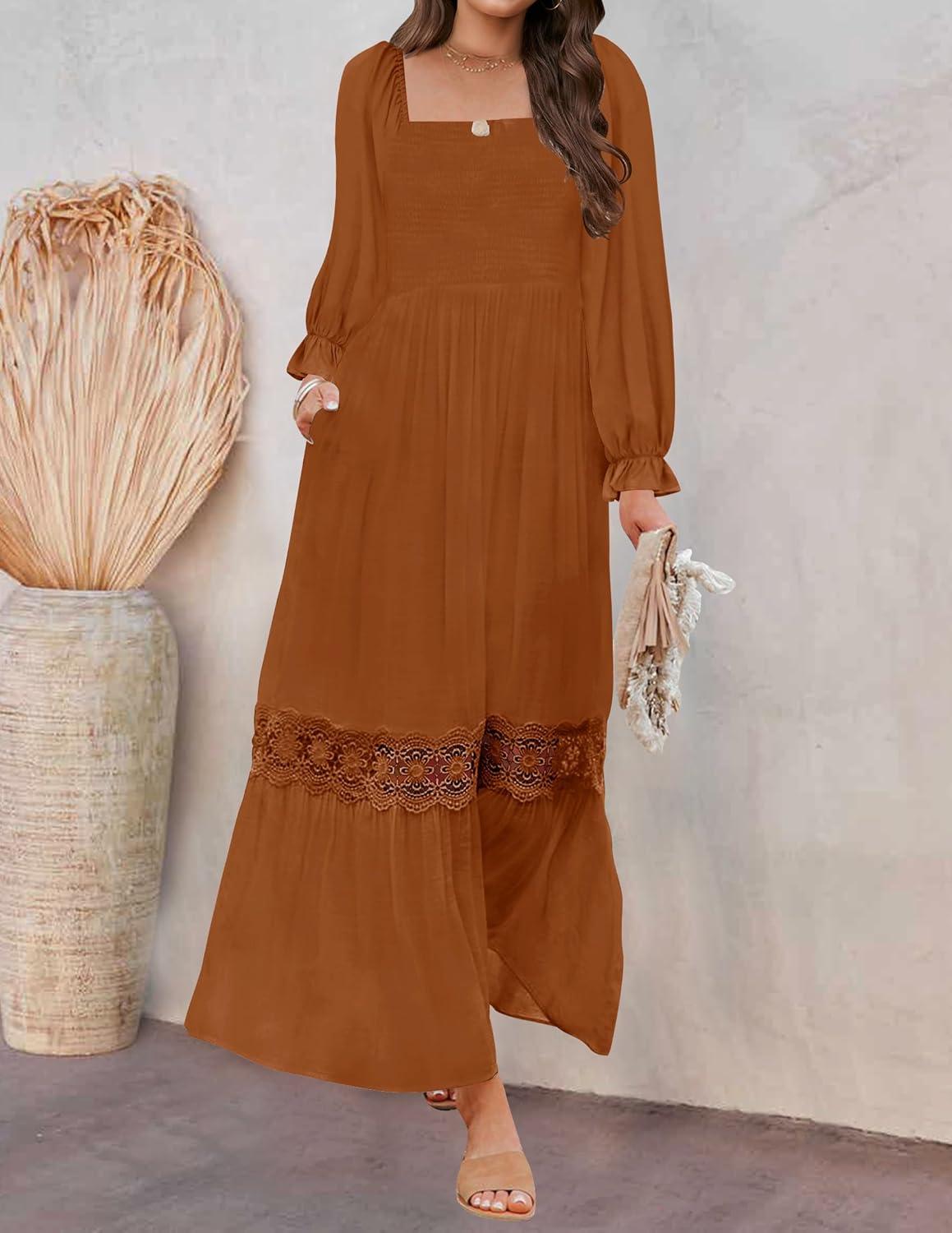 imageZESICA Womens 2026 Boho Long Sleeve Square Neck Smocked High Waist Flowy A Line Lace Trim Maxi DressBrown