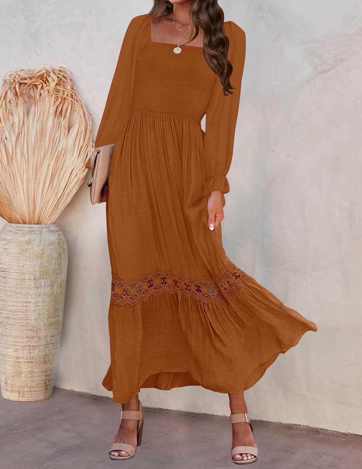 imageZESICA Womens 2026 Boho Long Sleeve Square Neck Smocked High Waist Flowy A Line Lace Trim Maxi DressBrown