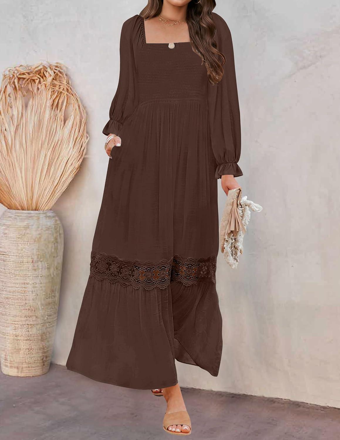 imageZESICA Womens 2026 Boho Long Sleeve Square Neck Smocked High Waist Flowy A Line Lace Trim Maxi DressCoffee