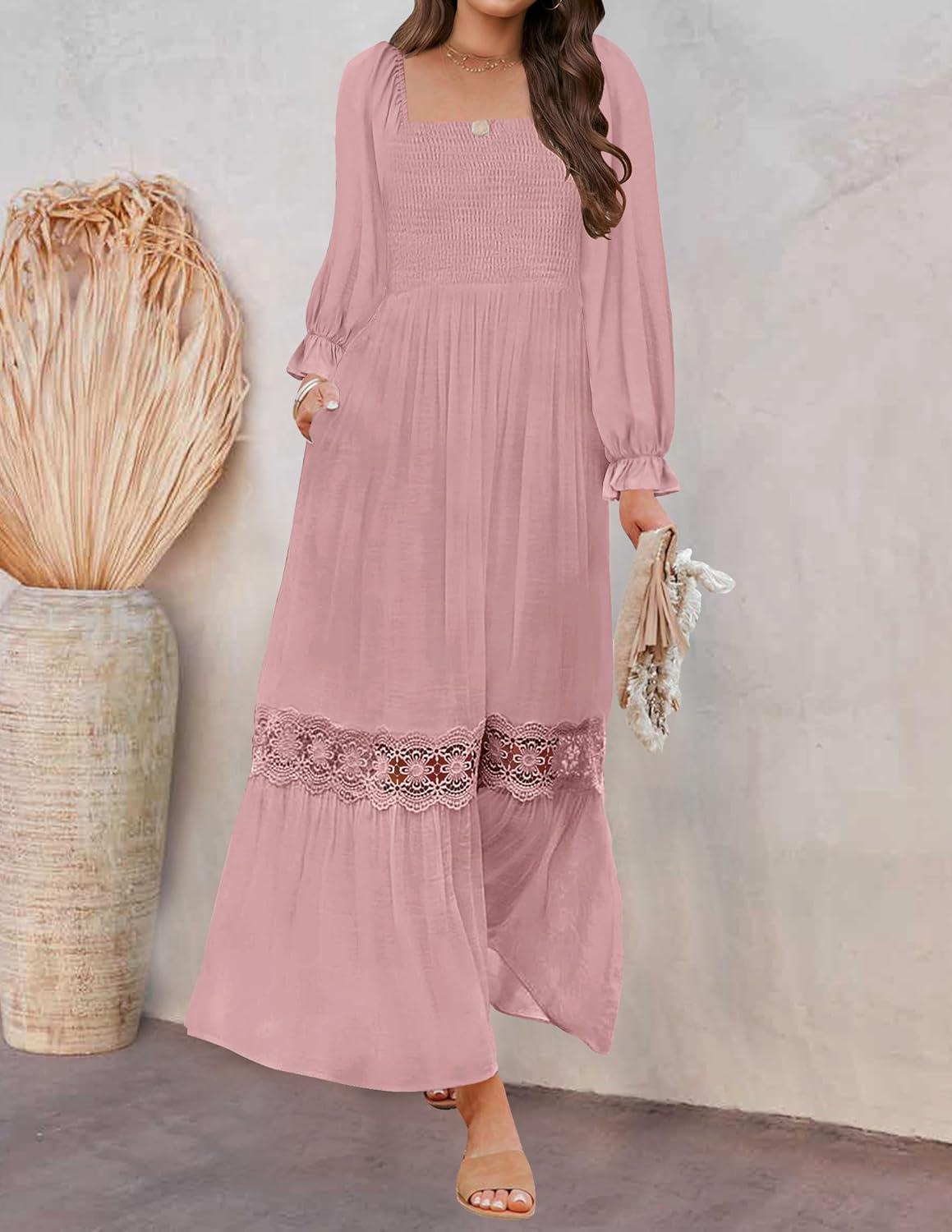 imageZESICA Womens 2026 Boho Long Sleeve Square Neck Smocked High Waist Flowy A Line Lace Trim Maxi DressDark Pink