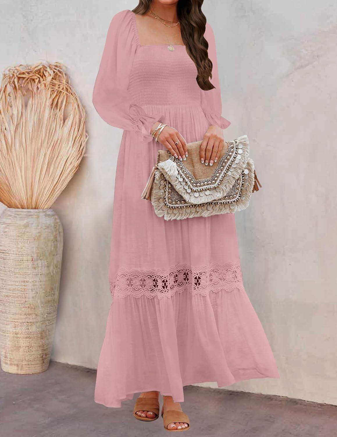 imageZESICA Womens 2026 Boho Long Sleeve Square Neck Smocked High Waist Flowy A Line Lace Trim Maxi DressDark Pink
