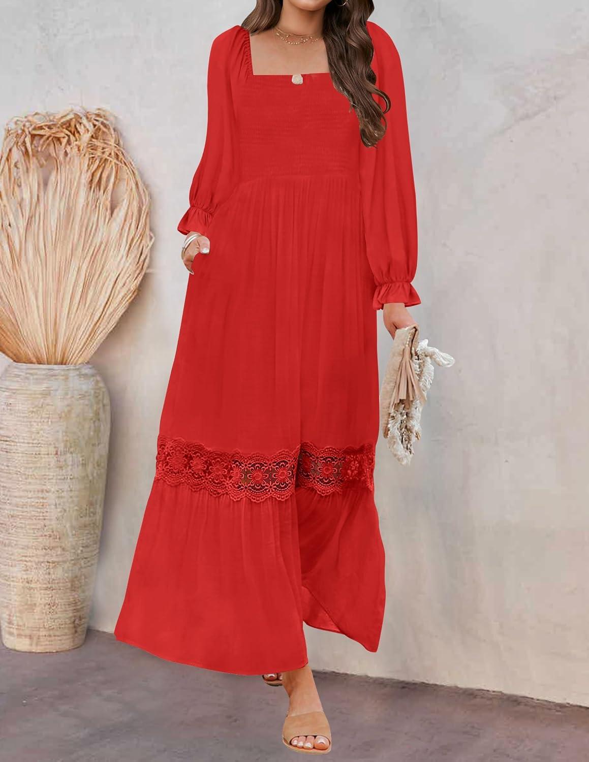imageZESICA Womens 2026 Boho Long Sleeve Square Neck Smocked High Waist Flowy A Line Lace Trim Maxi DressFire Red