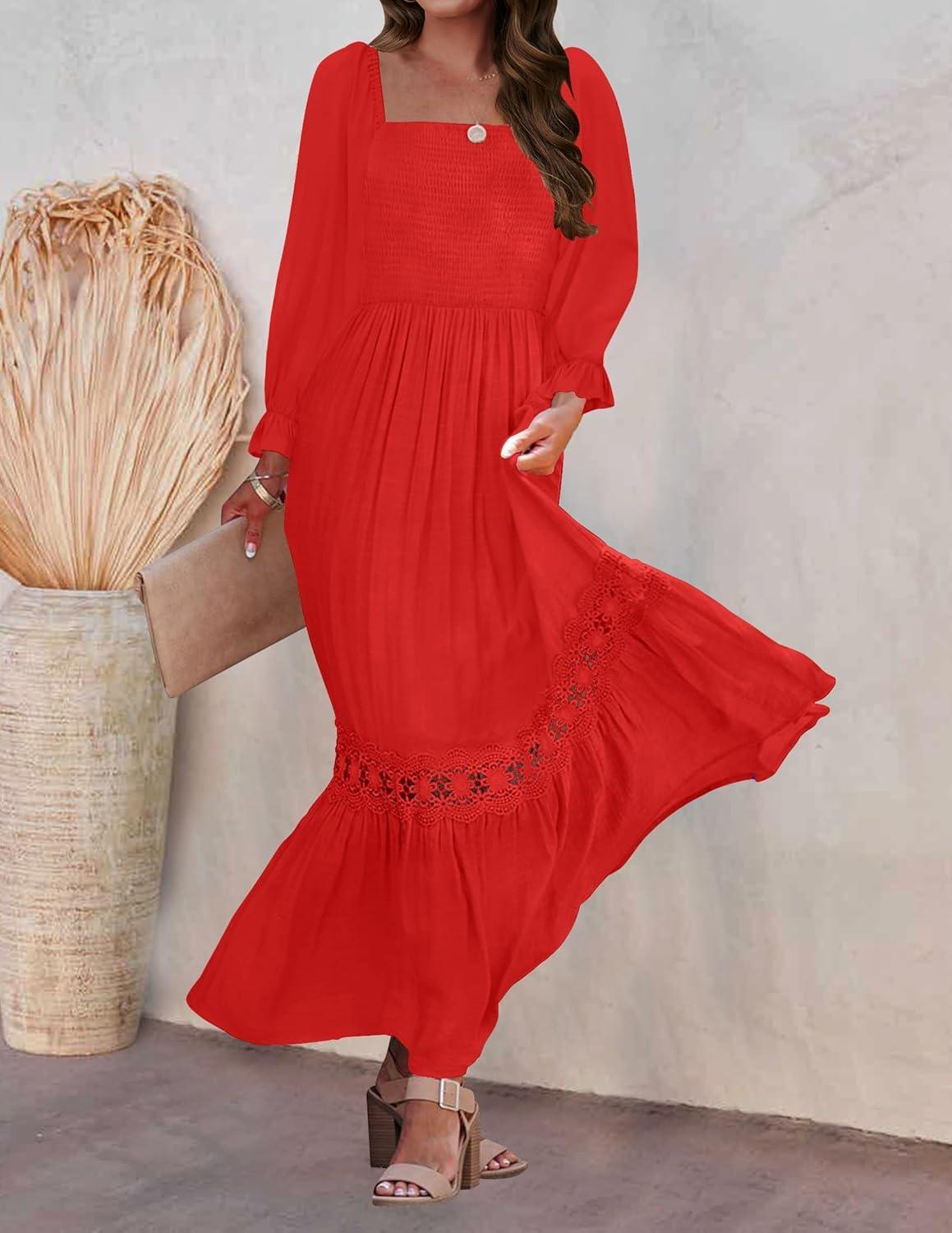 imageZESICA Womens 2026 Boho Long Sleeve Square Neck Smocked High Waist Flowy A Line Lace Trim Maxi DressFire Red