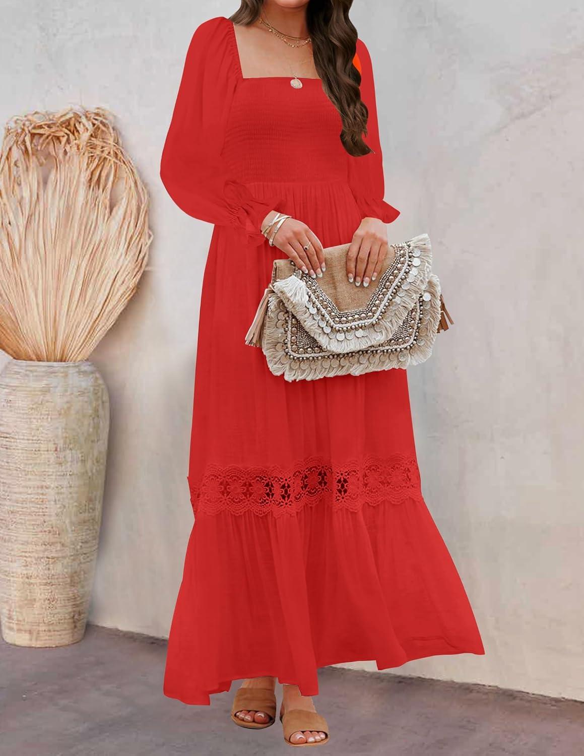 imageZESICA Womens 2026 Boho Long Sleeve Square Neck Smocked High Waist Flowy A Line Lace Trim Maxi DressFire Red