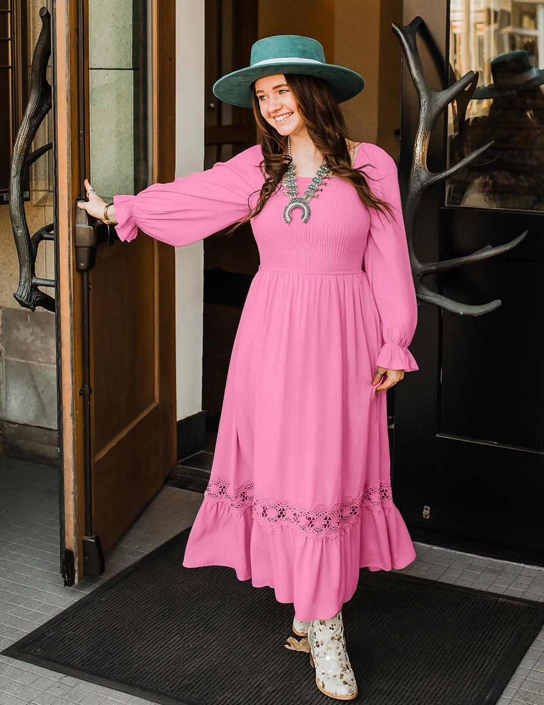 imageZESICA Womens 2026 Boho Long Sleeve Square Neck Smocked High Waist Flowy A Line Lace Trim Maxi DressHot Pink