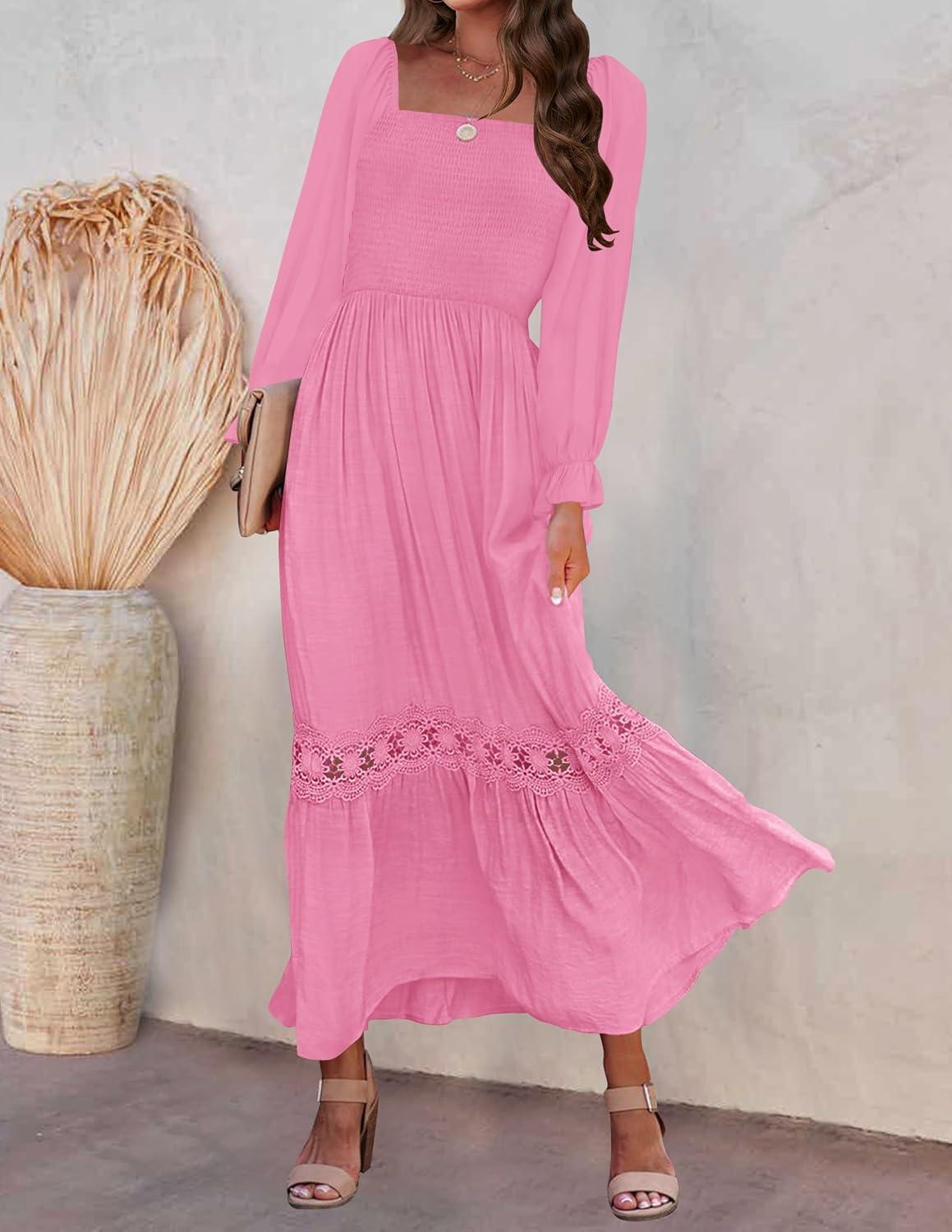 imageZESICA Womens 2026 Boho Long Sleeve Square Neck Smocked High Waist Flowy A Line Lace Trim Maxi DressHot Pink