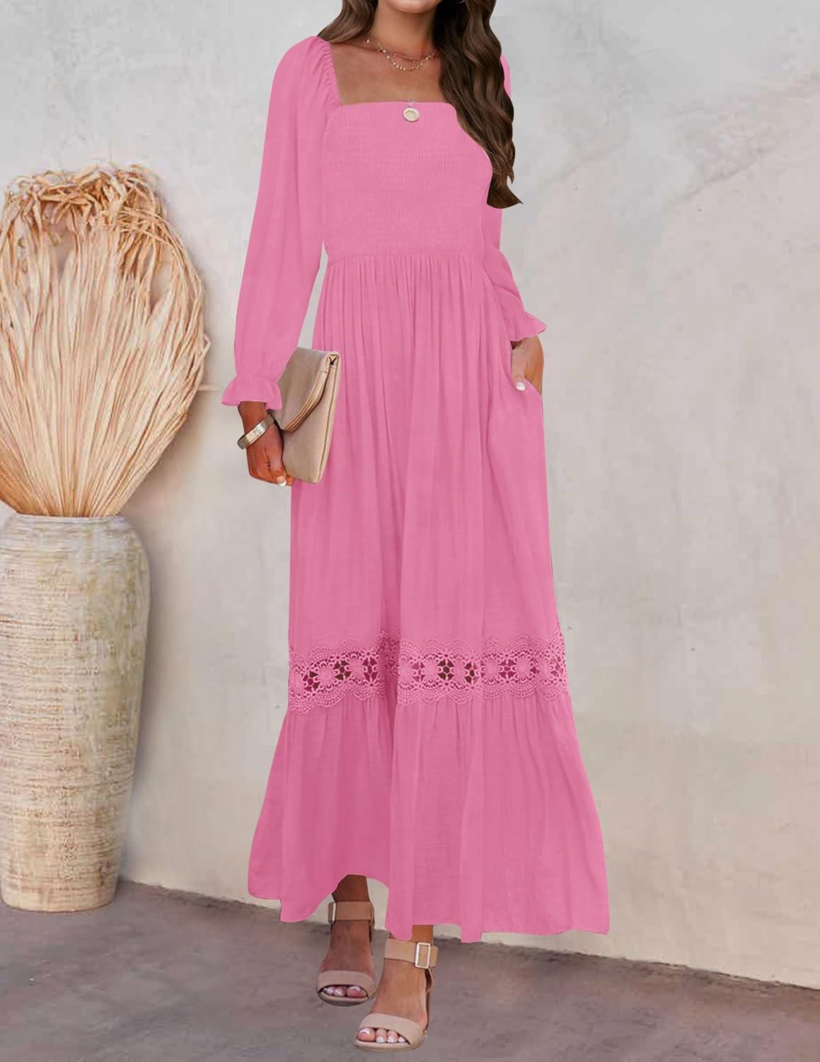imageZESICA Womens 2026 Boho Long Sleeve Square Neck Smocked High Waist Flowy A Line Lace Trim Maxi DressHot Pink
