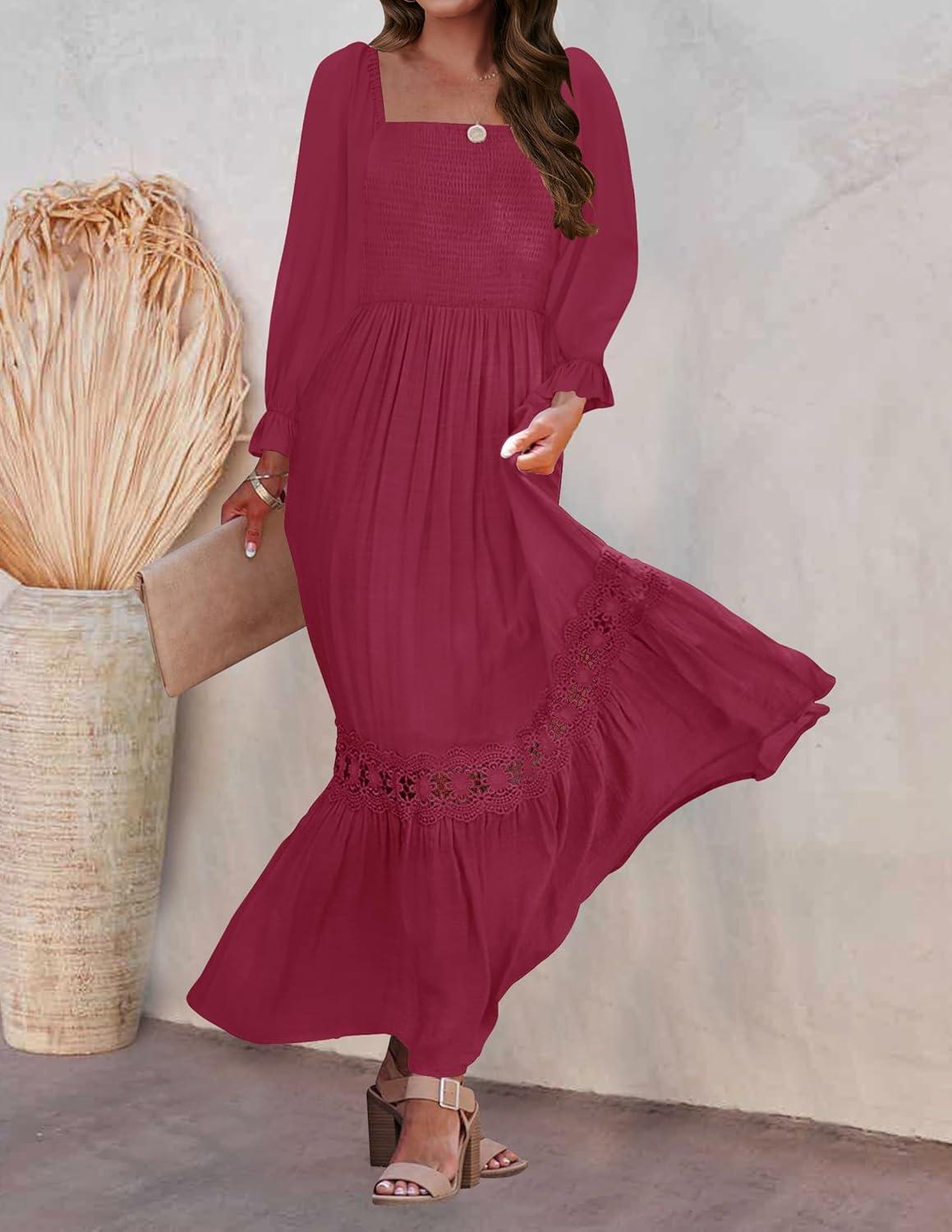 imageZESICA Womens 2026 Boho Long Sleeve Square Neck Smocked High Waist Flowy A Line Lace Trim Maxi DressPlum