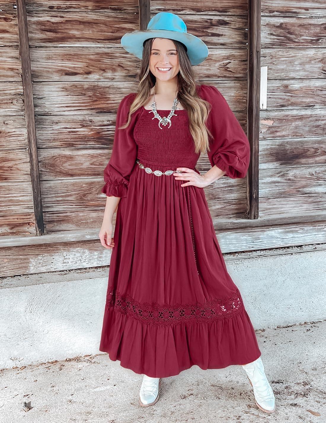 imageZESICA Womens 2026 Boho Long Sleeve Square Neck Smocked High Waist Flowy A Line Lace Trim Maxi DressPlum