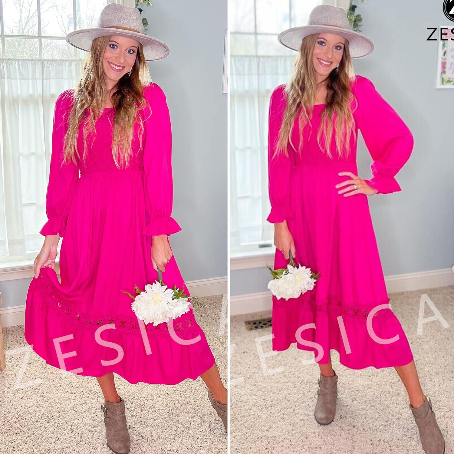 imageZESICA Womens 2026 Boho Long Sleeve Square Neck Smocked High Waist Flowy A Line Lace Trim Maxi DressRose