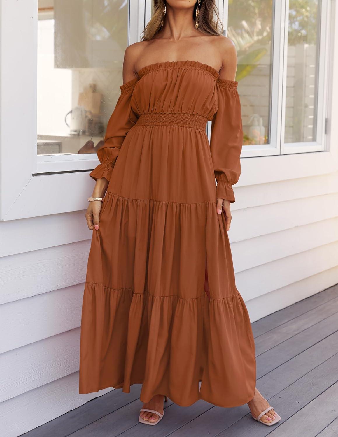 imageZESICA Womens 2026 Boho Sexy Off Shoulder Long Sleeve Smocked High Waist Side Split Flowy A Line Tiered Long Maxi DressCaramel