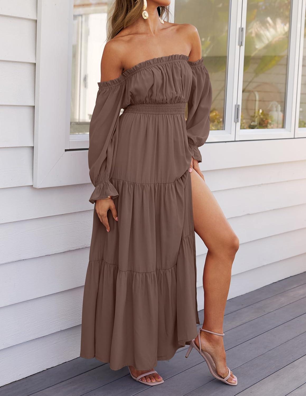 imageZESICA Womens 2026 Boho Sexy Off Shoulder Long Sleeve Smocked High Waist Side Split Flowy A Line Tiered Long Maxi DressCoffee