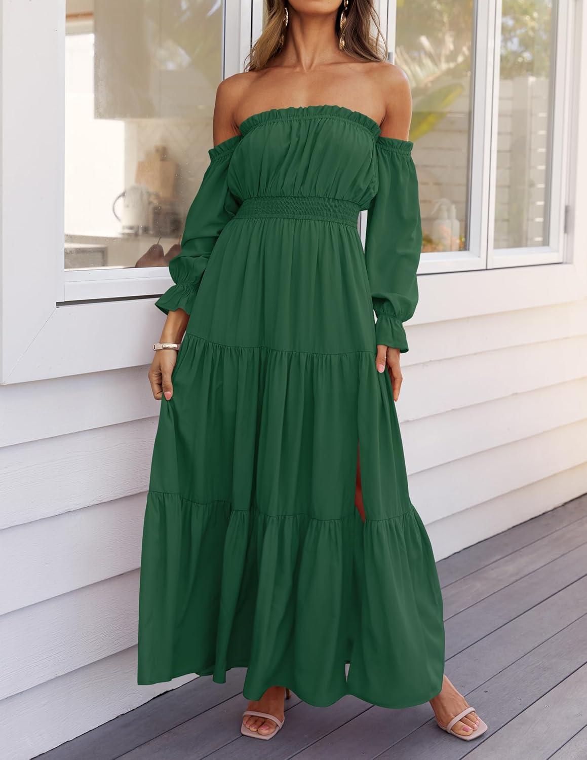 imageZESICA Womens 2026 Boho Sexy Off Shoulder Long Sleeve Smocked High Waist Side Split Flowy A Line Tiered Long Maxi DressDark Green