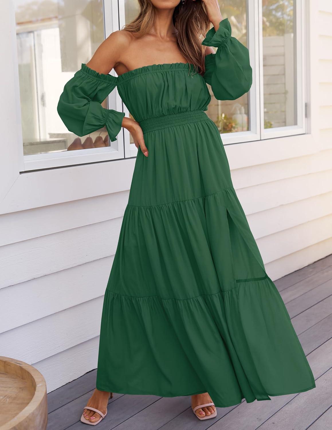 imageZESICA Womens 2026 Boho Sexy Off Shoulder Long Sleeve Smocked High Waist Side Split Flowy A Line Tiered Long Maxi DressDark Green