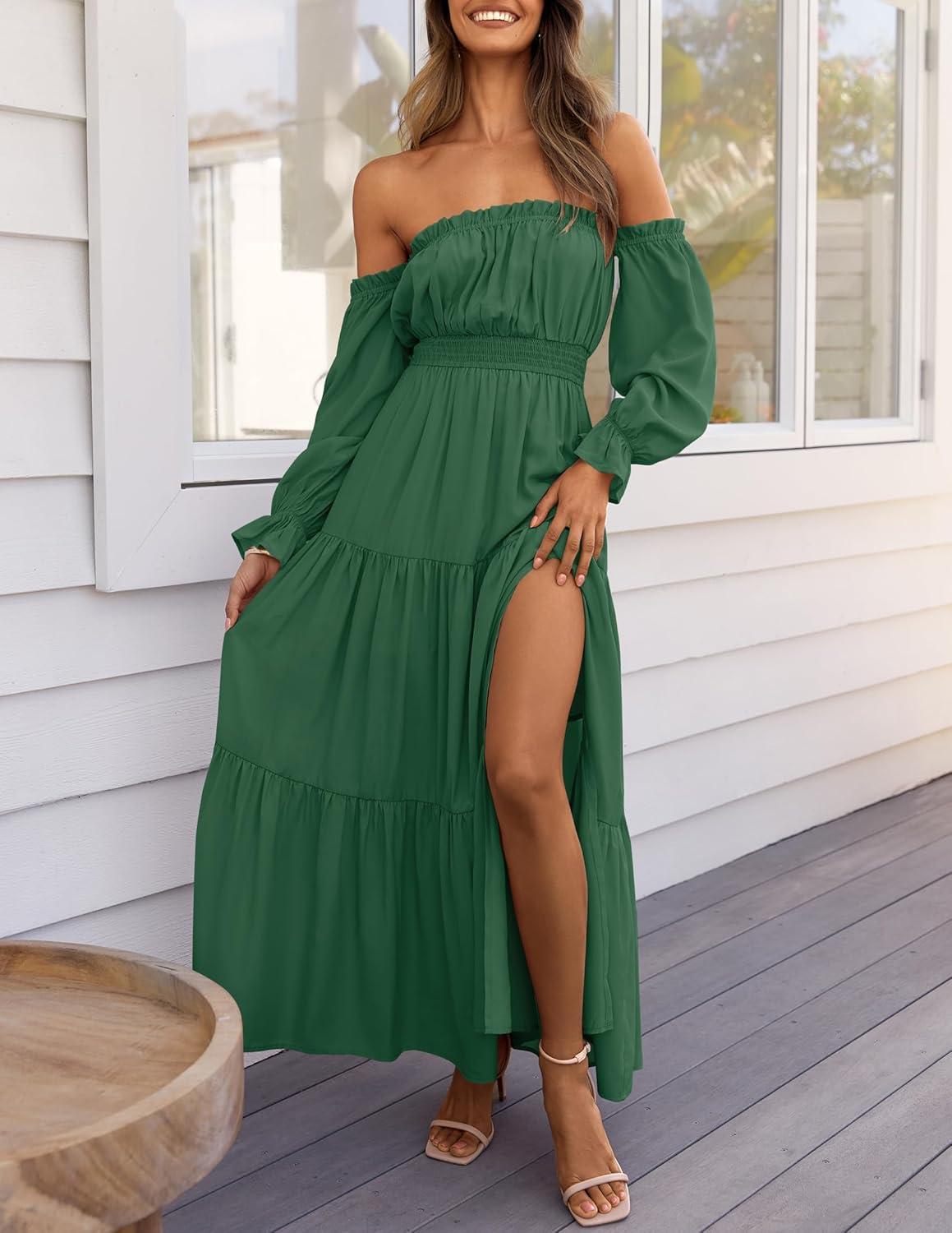 imageZESICA Womens 2026 Boho Sexy Off Shoulder Long Sleeve Smocked High Waist Side Split Flowy A Line Tiered Long Maxi DressDark Green