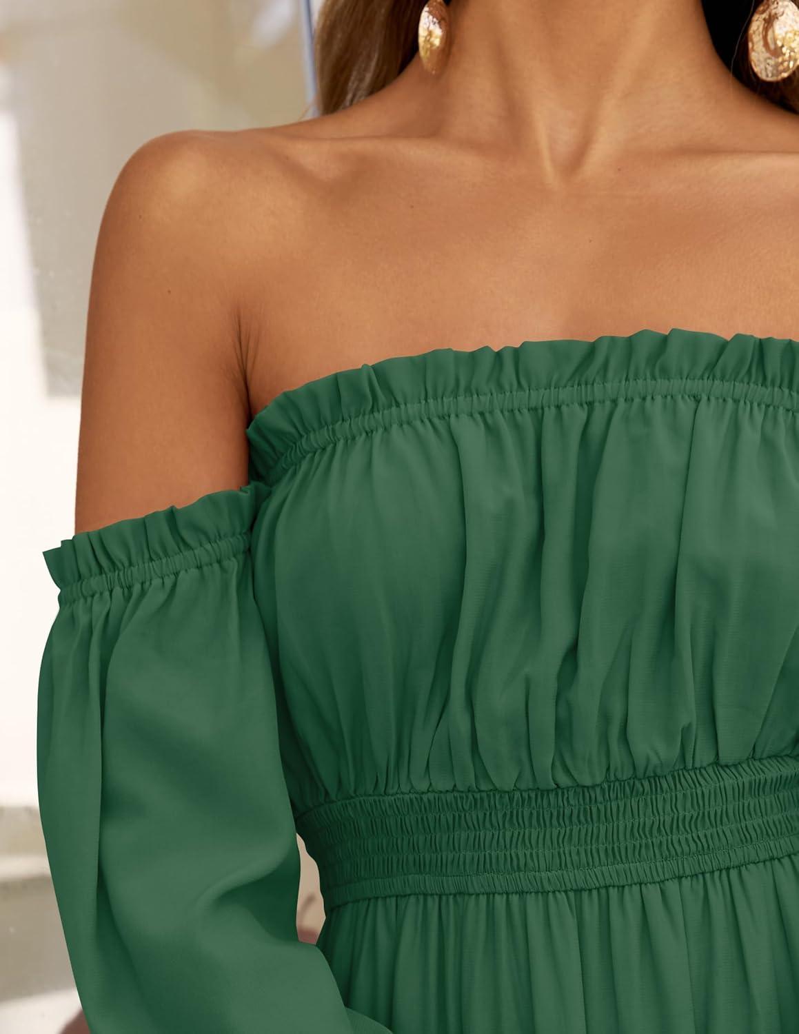 imageZESICA Womens 2026 Boho Sexy Off Shoulder Long Sleeve Smocked High Waist Side Split Flowy A Line Tiered Long Maxi DressDark Green