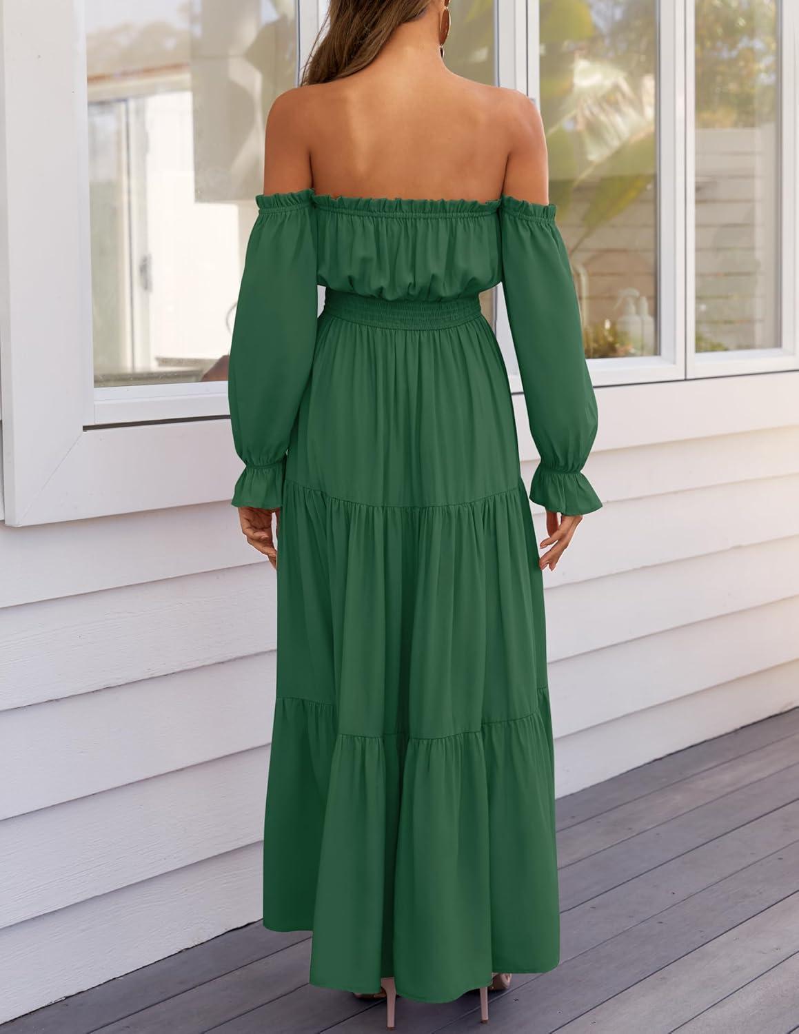 imageZESICA Womens 2026 Boho Sexy Off Shoulder Long Sleeve Smocked High Waist Side Split Flowy A Line Tiered Long Maxi DressDark Green