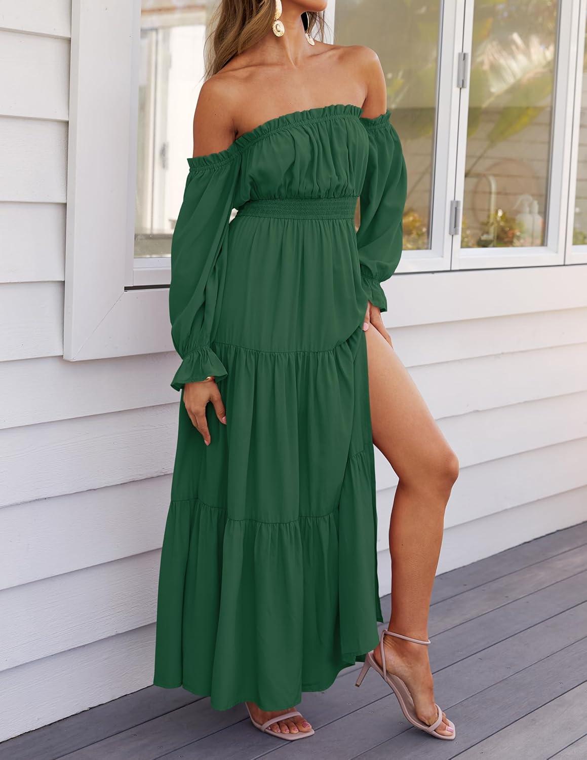 imageZESICA Womens 2026 Boho Sexy Off Shoulder Long Sleeve Smocked High Waist Side Split Flowy A Line Tiered Long Maxi DressDark Green