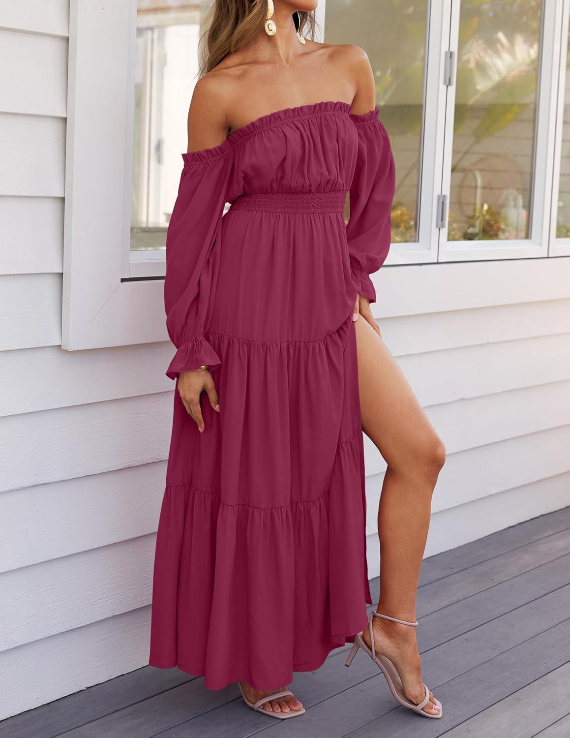 imageZESICA Womens 2026 Boho Sexy Off Shoulder Long Sleeve Smocked High Waist Side Split Flowy A Line Tiered Long Maxi DressFuchsia