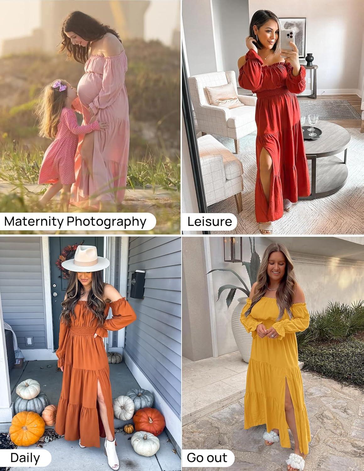 imageZESICA Womens 2026 Boho Sexy Off Shoulder Long Sleeve Smocked High Waist Side Split Flowy A Line Tiered Long Maxi DressFuchsia
