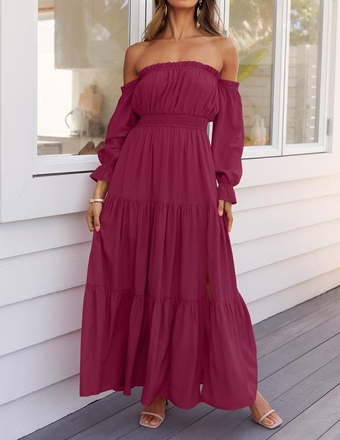 imageZESICA Womens 2026 Boho Sexy Off Shoulder Long Sleeve Smocked High Waist Side Split Flowy A Line Tiered Long Maxi DressFuchsia