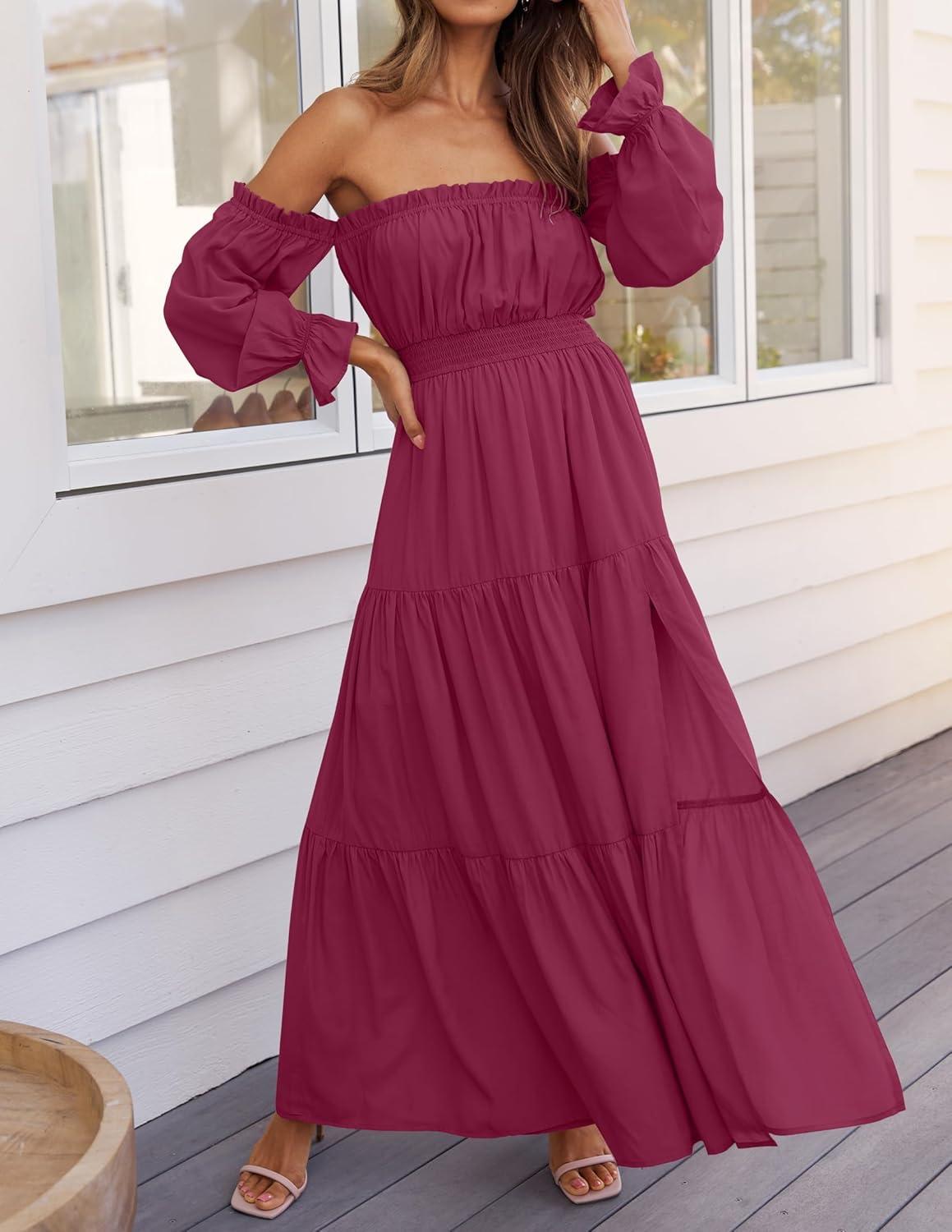 imageZESICA Womens 2026 Boho Sexy Off Shoulder Long Sleeve Smocked High Waist Side Split Flowy A Line Tiered Long Maxi DressFuchsia