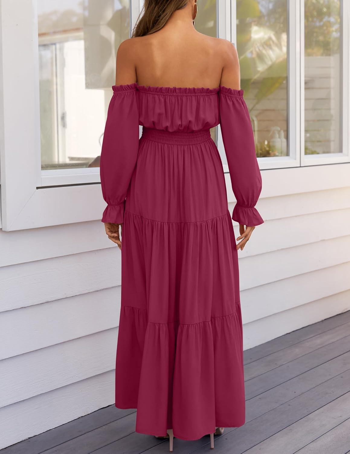imageZESICA Womens 2026 Boho Sexy Off Shoulder Long Sleeve Smocked High Waist Side Split Flowy A Line Tiered Long Maxi DressFuchsia