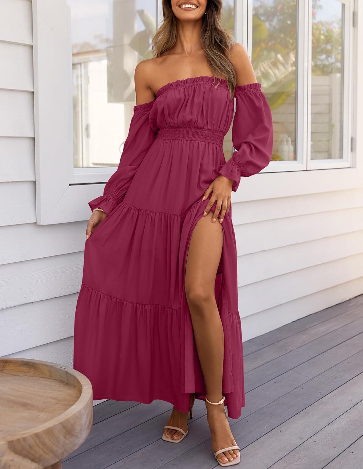 imageZESICA Womens 2026 Boho Sexy Off Shoulder Long Sleeve Smocked High Waist Side Split Flowy A Line Tiered Long Maxi DressFuchsia