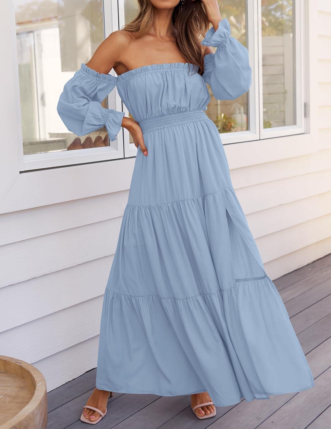 imageZESICA Womens 2026 Boho Sexy Off Shoulder Long Sleeve Smocked High Waist Side Split Flowy A Line Tiered Long Maxi DressLight Blue