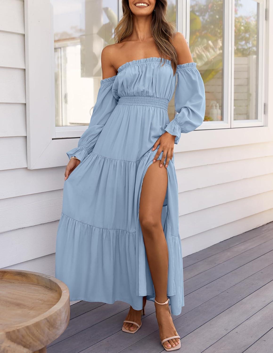 imageZESICA Womens 2026 Boho Sexy Off Shoulder Long Sleeve Smocked High Waist Side Split Flowy A Line Tiered Long Maxi DressLight Blue
