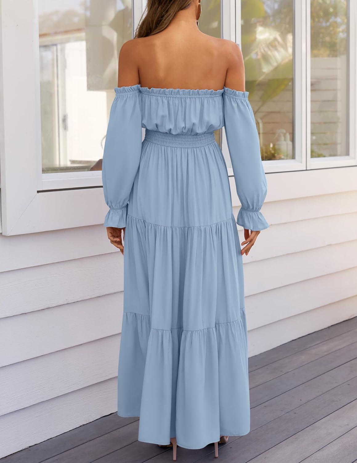 imageZESICA Womens 2026 Boho Sexy Off Shoulder Long Sleeve Smocked High Waist Side Split Flowy A Line Tiered Long Maxi DressLight Blue