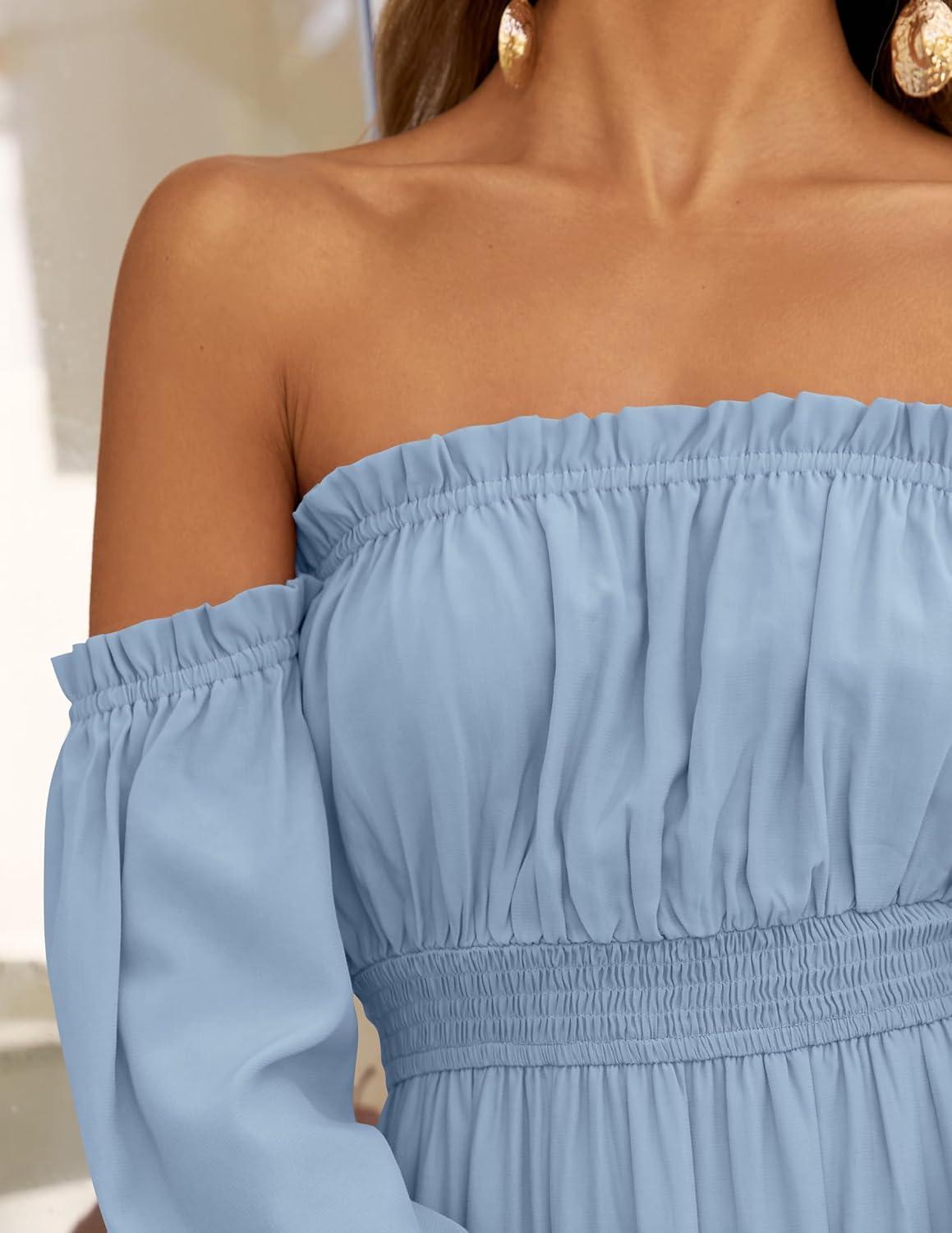 imageZESICA Womens 2026 Boho Sexy Off Shoulder Long Sleeve Smocked High Waist Side Split Flowy A Line Tiered Long Maxi DressLight Blue