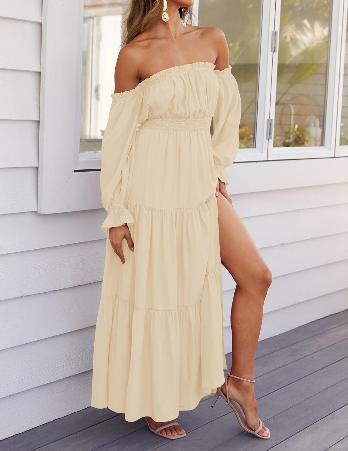 imageZESICA Womens 2026 Boho Sexy Off Shoulder Long Sleeve Smocked High Waist Side Split Flowy A Line Tiered Long Maxi DressLight Yellow