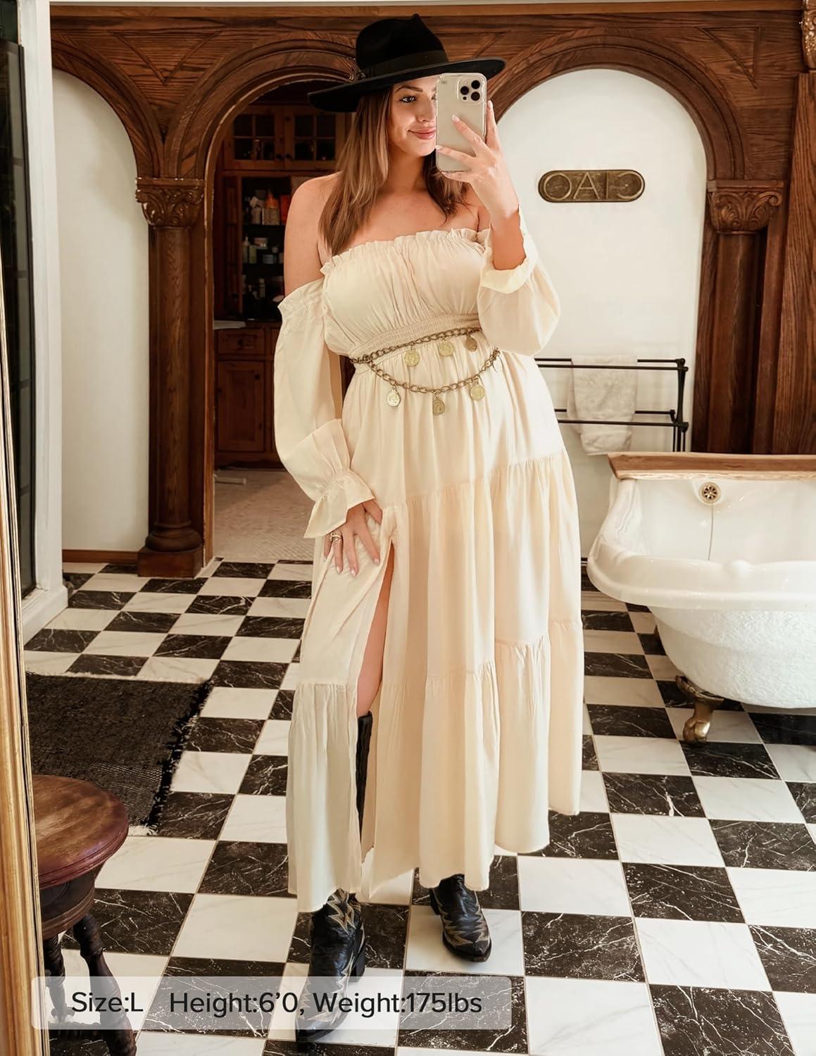 imageZESICA Womens 2026 Boho Sexy Off Shoulder Long Sleeve Smocked High Waist Side Split Flowy A Line Tiered Long Maxi DressLight Yellow