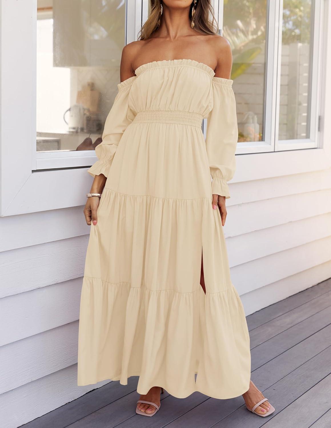 imageZESICA Womens 2026 Boho Sexy Off Shoulder Long Sleeve Smocked High Waist Side Split Flowy A Line Tiered Long Maxi DressLight Yellow