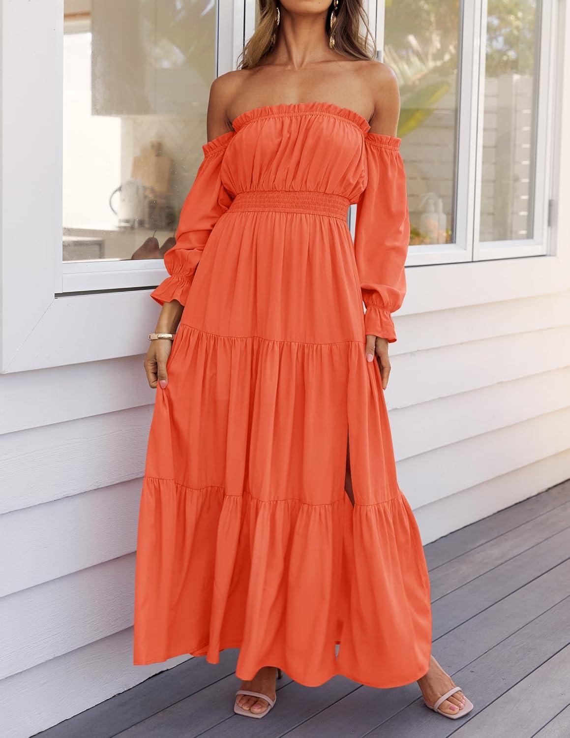 imageZESICA Womens 2026 Boho Sexy Off Shoulder Long Sleeve Smocked High Waist Side Split Flowy A Line Tiered Long Maxi DressOrange