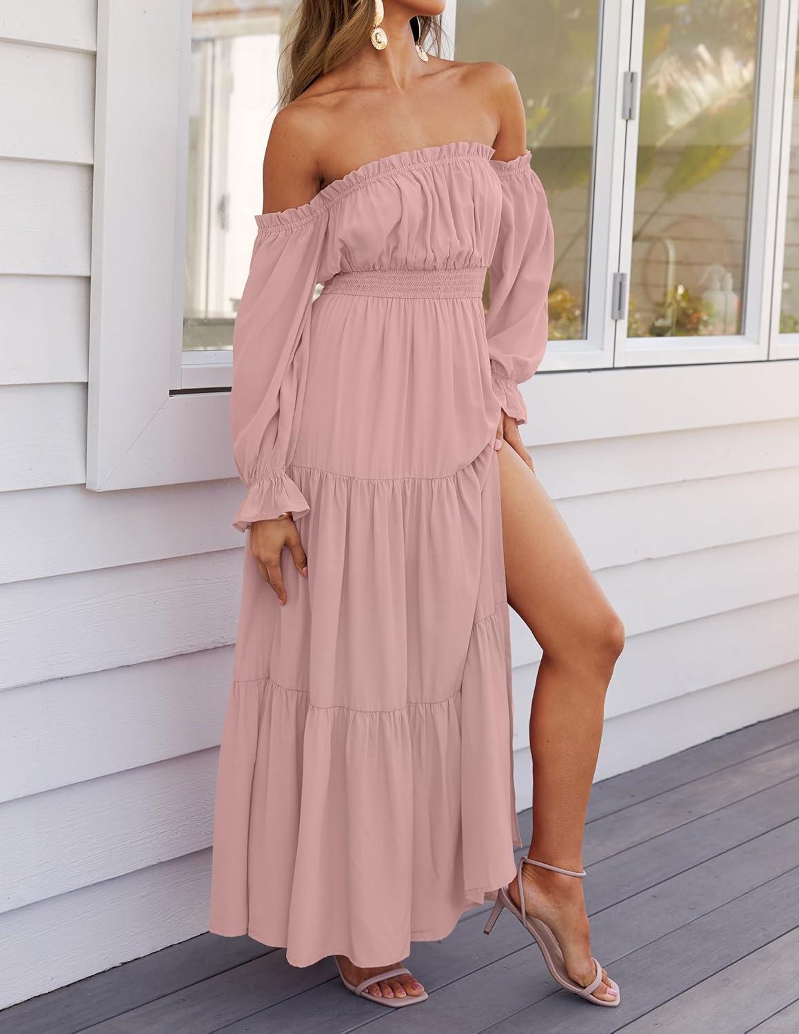 imageZESICA Womens 2026 Boho Sexy Off Shoulder Long Sleeve Smocked High Waist Side Split Flowy A Line Tiered Long Maxi DressPink